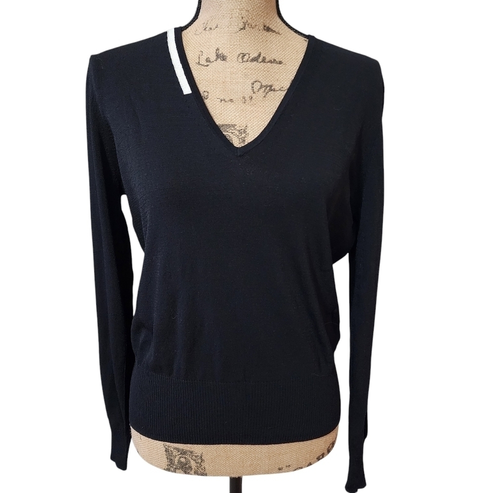 NWT Equipment Femme V-neck Black w/White Trim Sweater - Large